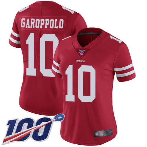 Nike San Francisco 49ers #10 Jimmy Garoppolo Red Team Color Women's Stitched NFL 100th Season Vapor Limited Jersey