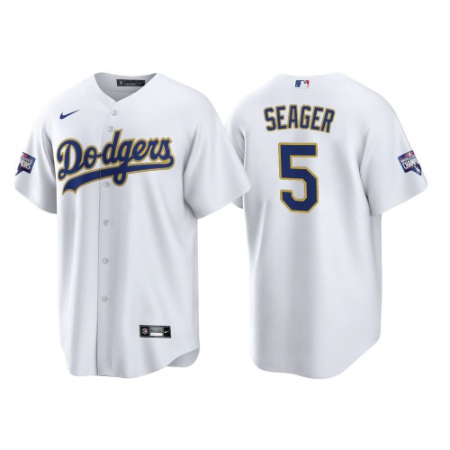 Los Angeles Los Angeles Dodgers #5 Corey Seager Men's Nike 2021 Gold Program World Series Champions MLB Jersey Whtie Men's