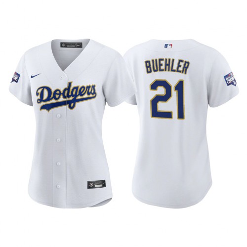 Los Angeles Los Angeles Dodgers #21 Walker Buehler Women's Nike 2021 Gold Program World Series Champions MLB Jersey Whtie Womens